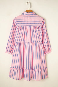 Striped Collared Neck Long Sleeve Mini Shirt Dress