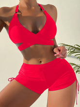 Load image into Gallery viewer, Crisscross Tied Top and Drawstring Shorts Swim Set