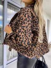 Load image into Gallery viewer, Raw Hem Leopard Collared Neck Denim Jacket