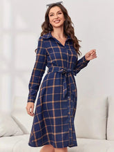 Load image into Gallery viewer, Plaid Tie Waist Long Sleeve Dress