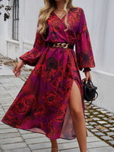 Load image into Gallery viewer, Devine Split Printed Surplice Long Sleeve Midi Dress