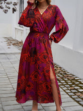 Load image into Gallery viewer, Devine Split Printed Surplice Long Sleeve Midi Dress