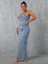 Load image into Gallery viewer, Slit Half Button Tube Denim Dress