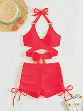 Load image into Gallery viewer, Crisscross Tied Top and Drawstring Shorts Swim Set