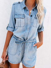 Load image into Gallery viewer, Drawstring Half Button Half Sleeve Denim Romper