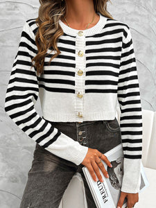 Devine Striped Round Neck Button Down Cardigan