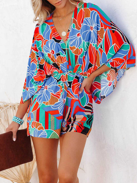 Tied Printed Kimono Sleeve Romper