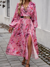 Load image into Gallery viewer, Devine Split Printed Surplice Long Sleeve Midi Dress