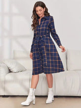 Load image into Gallery viewer, Plaid Tie Waist Long Sleeve Dress