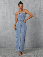 Load image into Gallery viewer, Slit Half Button Tube Denim Dress