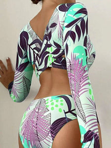 Crisscross Round Neck Long Sleeve Swimwear