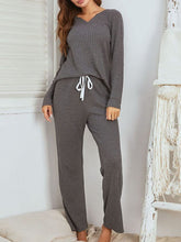 Load image into Gallery viewer, Notched Long Sleeve Top and Pants Set