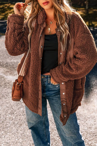 Fuzzy Snap Down Dropped Shoulder Jacket