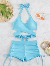 Load image into Gallery viewer, Crisscross Tied Top and Drawstring Shorts Swim Set