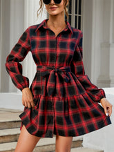 Load image into Gallery viewer, FAM-FAM Tied Plaid Long Sleeve Mini Dress