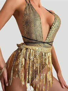 Tied Sequin Plunge One-Piece Swimwear