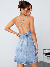 Load image into Gallery viewer, Slit Surplice Spaghetti Strap Denim Dress