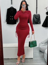 Load image into Gallery viewer, Drawstring Textured Long Sleeve Wrap Dress