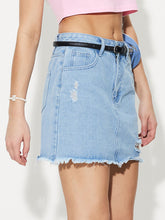 Load image into Gallery viewer, Distressed Raw Hem Mini Denim Skirt