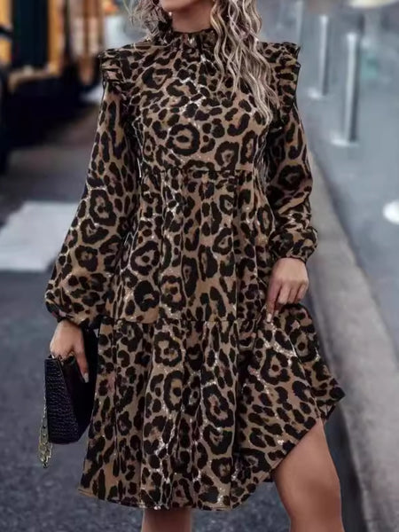 Ruffled Leopard Mock Neck Long Sleeve Mini Dress