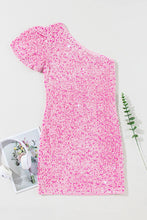 Load image into Gallery viewer, Sequin Single Shoulder Short Sleeve Mini Dress