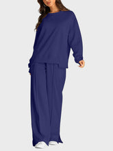 Load image into Gallery viewer, Round Neck Long Sleeve Top and Slit Pants Set