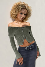 Load image into Gallery viewer, Double Take Ribbed Off-Shoulder Zip Up Long Sleeve Cardigan