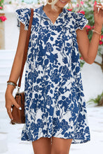 Load image into Gallery viewer, Ruffled Printed Tie Neck Cap Sleeve Mini Dress