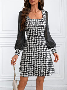 Houndstooth Square Neck Long Sleeve Mini Dress