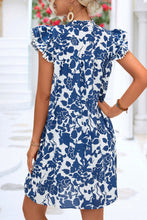 Load image into Gallery viewer, Ruffled Printed Tie Neck Cap Sleeve Mini Dress