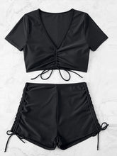 Load image into Gallery viewer, Drawstring V-Neck Short Sleeve Two-Piece Swim Set