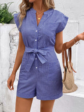 Load image into Gallery viewer, Striped Notched Tie Waist Romper