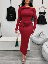 Load image into Gallery viewer, Drawstring Textured Long Sleeve Wrap Dress