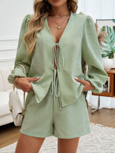 Load image into Gallery viewer, Devine Tied Long Sleeve Top and Shorts Set