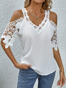 Lace Detail V-Neck Cold Shoulder Blouse