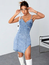 Load image into Gallery viewer, Slit Surplice Spaghetti Strap Denim Dress