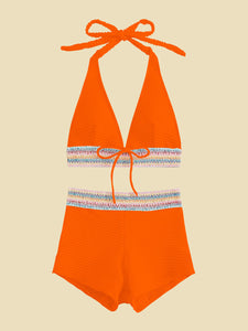 Backless Textured Halter Neck Two-Piece Swim Set