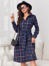 Load image into Gallery viewer, Plaid Tie Waist Long Sleeve Dress