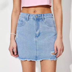 Distressed Raw Hem Mini Denim Skirt