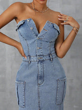 Load image into Gallery viewer, Slit Half Button Tube Denim Dress