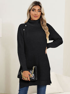 Slit Turtleneck Long Sleeve Sweater