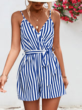 Load image into Gallery viewer, Striped Tie Waist Spaghetti Strap Romper