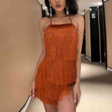 Load image into Gallery viewer, Fringed Halter Neck Tied Back Mini Dress