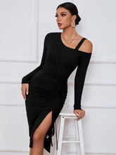 Load image into Gallery viewer, Ribbed Ruched Drawstring Wrap Dress