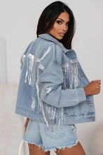 Load image into Gallery viewer, Sequin Fringe Trim Distressed Button Up Denim Jacket