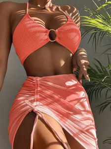 Tied Halter Neck Three-Piece Swim Set