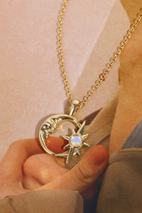 Copper 14K Gold Pleated Moon & Star Shape Pendant Necklace