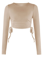 Load image into Gallery viewer, Drawstring Round Neck Long Sleeve Cropped Top