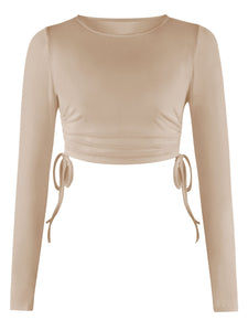 Drawstring Round Neck Long Sleeve Cropped Top