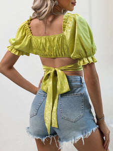 Crisscross Tie Back Flounce Sleeve Cropped Blouse